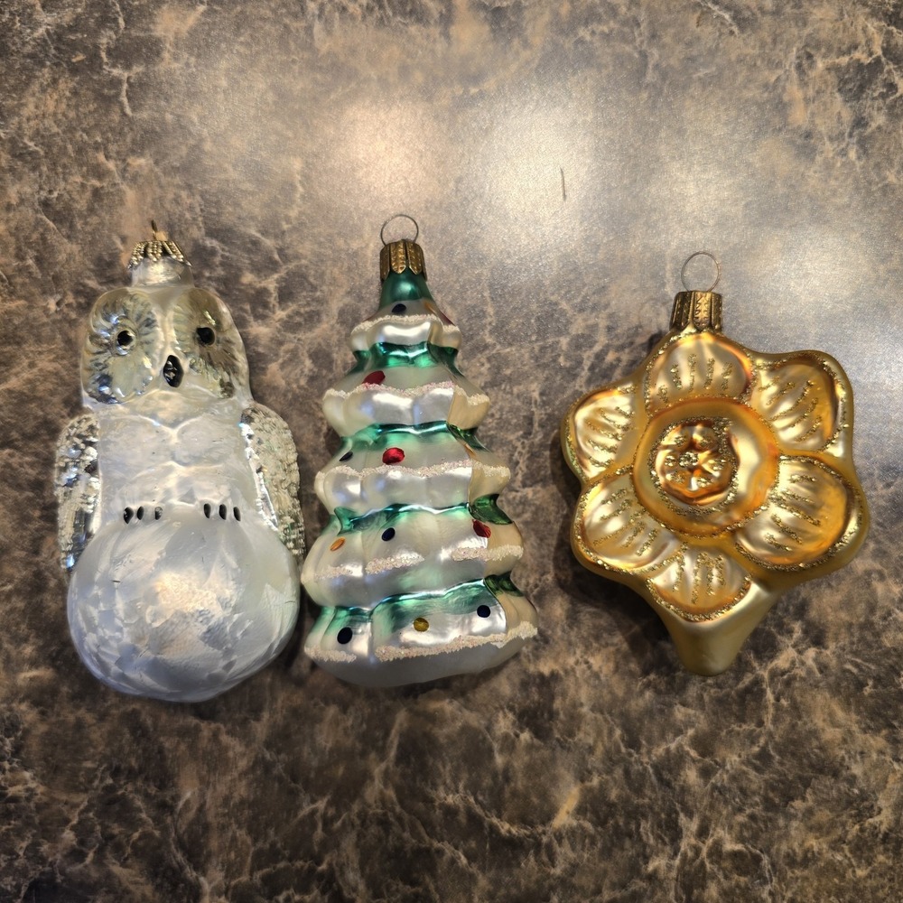 3 Vintage German hand blown‎ glass  ornament Snowy Owl Flower Tree 6"